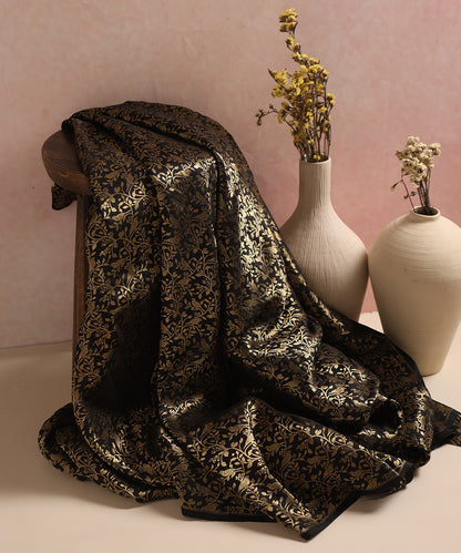 Black Handloom Pure Katan Silk Kimkhab Shikargah Fabric