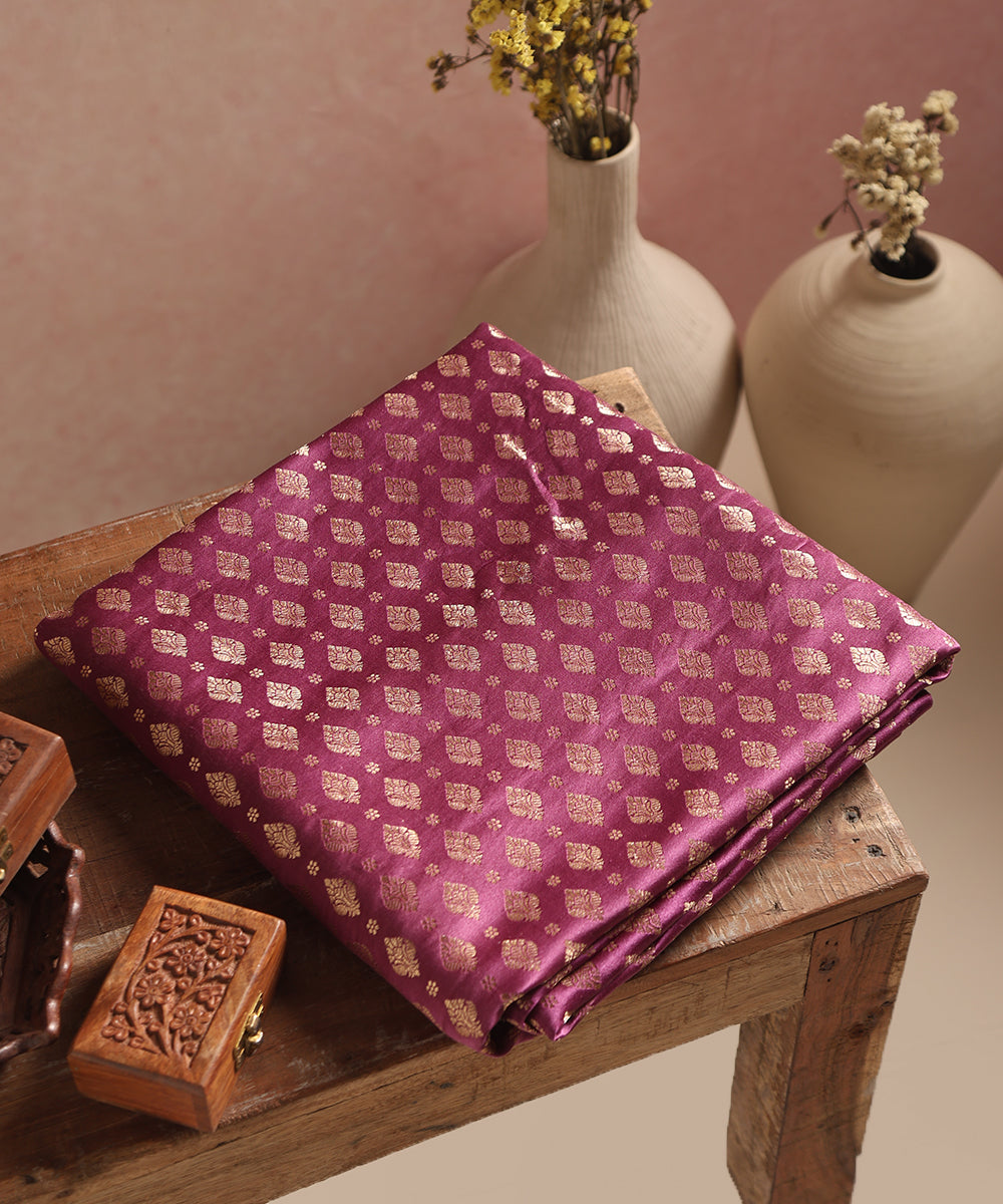 Maroon Handloom Pure Satin Brocade With Small Mughal Motifs Woven In Zari
