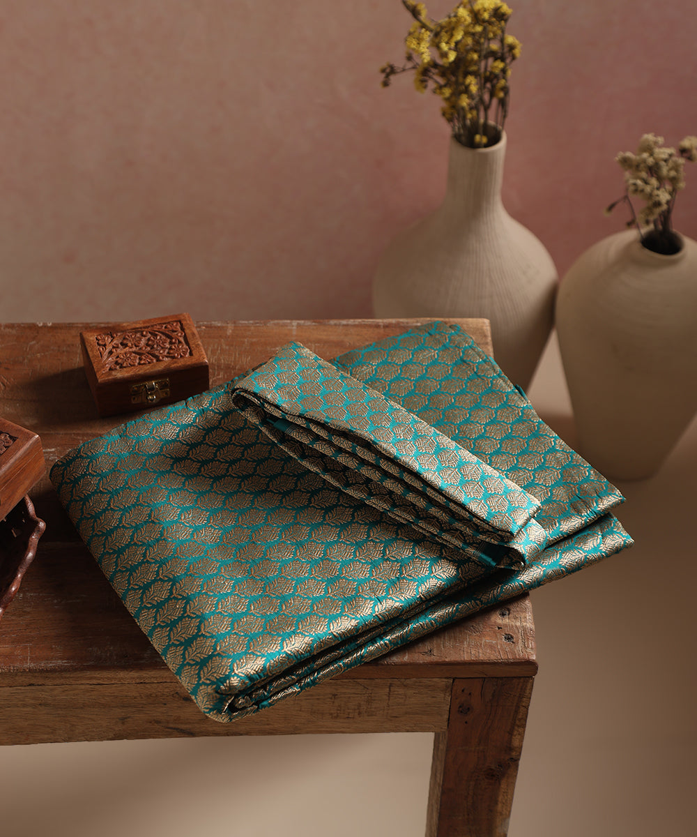 Teal Handloom Katan Silk Kimkhab Fabric With Floral Boota