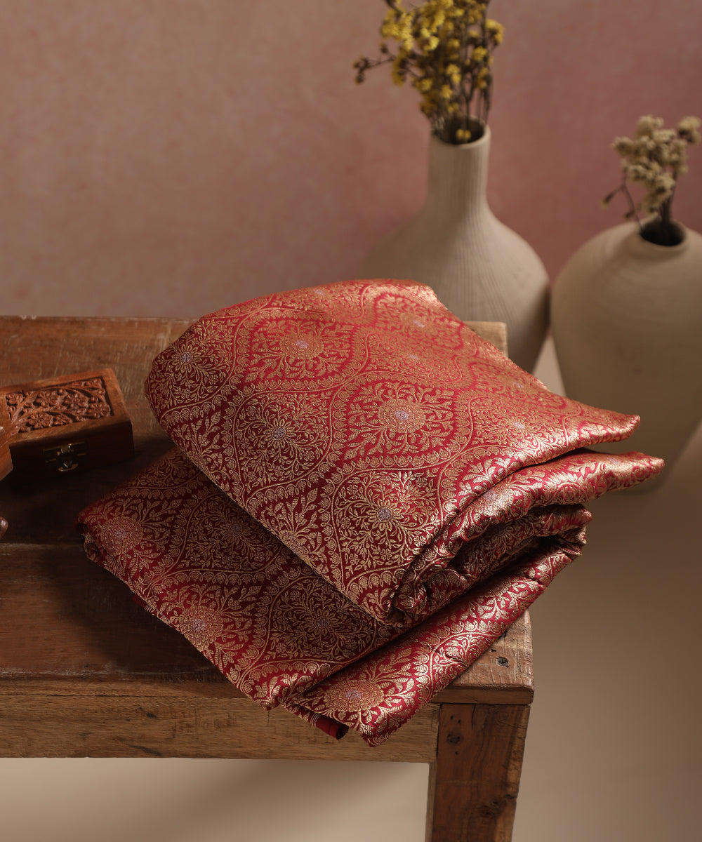 Maroon Handloom Pure Katan Silk Banarasi Kimkhab Fabric With Floral Jaal