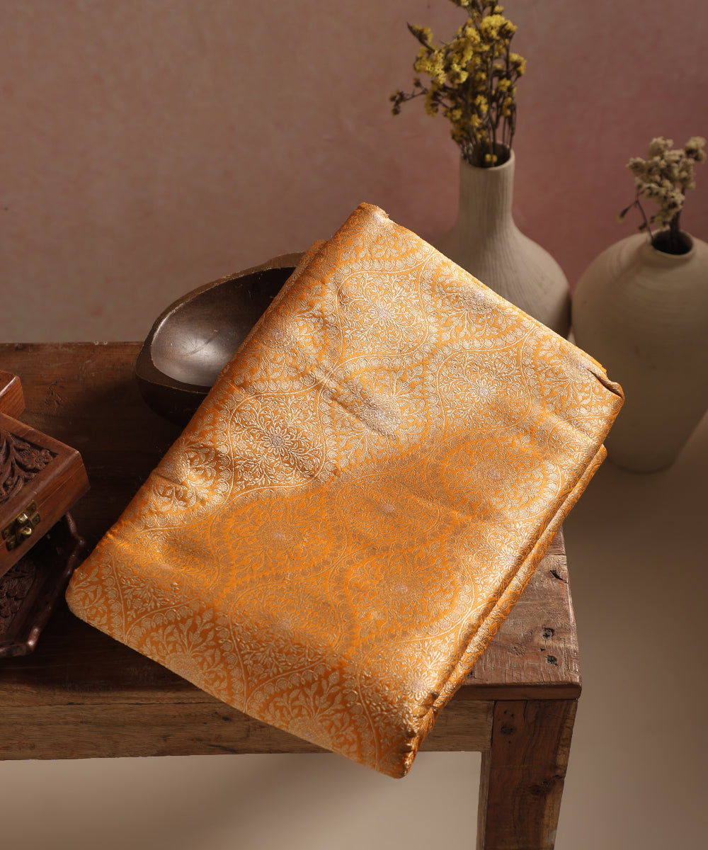 Yellow Handloom Pure Katan Silk Banarasi Kimkhab Fabric
