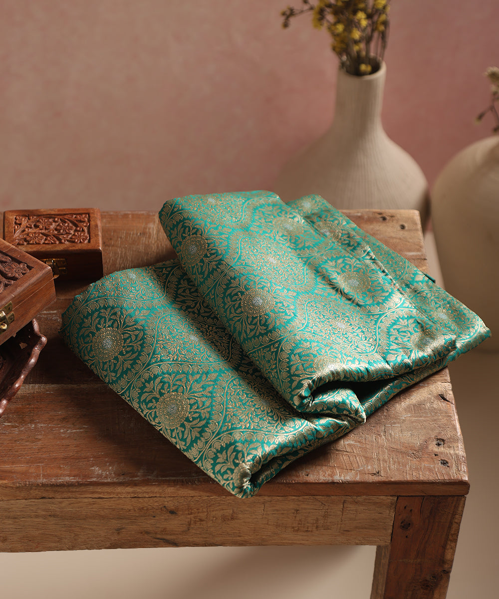 Teal Handloom Pure Katan Silk Banarasi Kimkhab Fabric With Floral Jaal