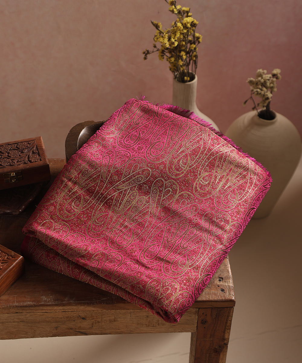 Rani Pink Handloom Pure Katan Silk Paisley Motif Resham Three Color Zari Brocade Fabric