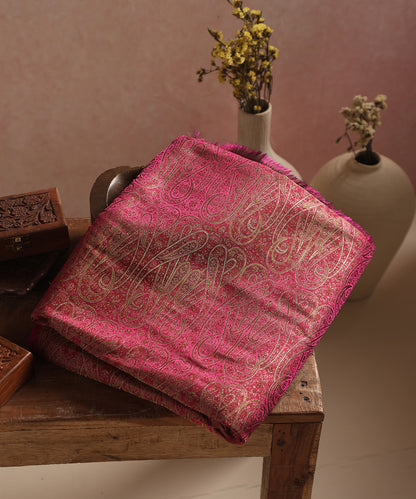 Rani Pink Handloom Pure Katan Silk Paisley Motif Resham Three Color Zari Brocade Fabric