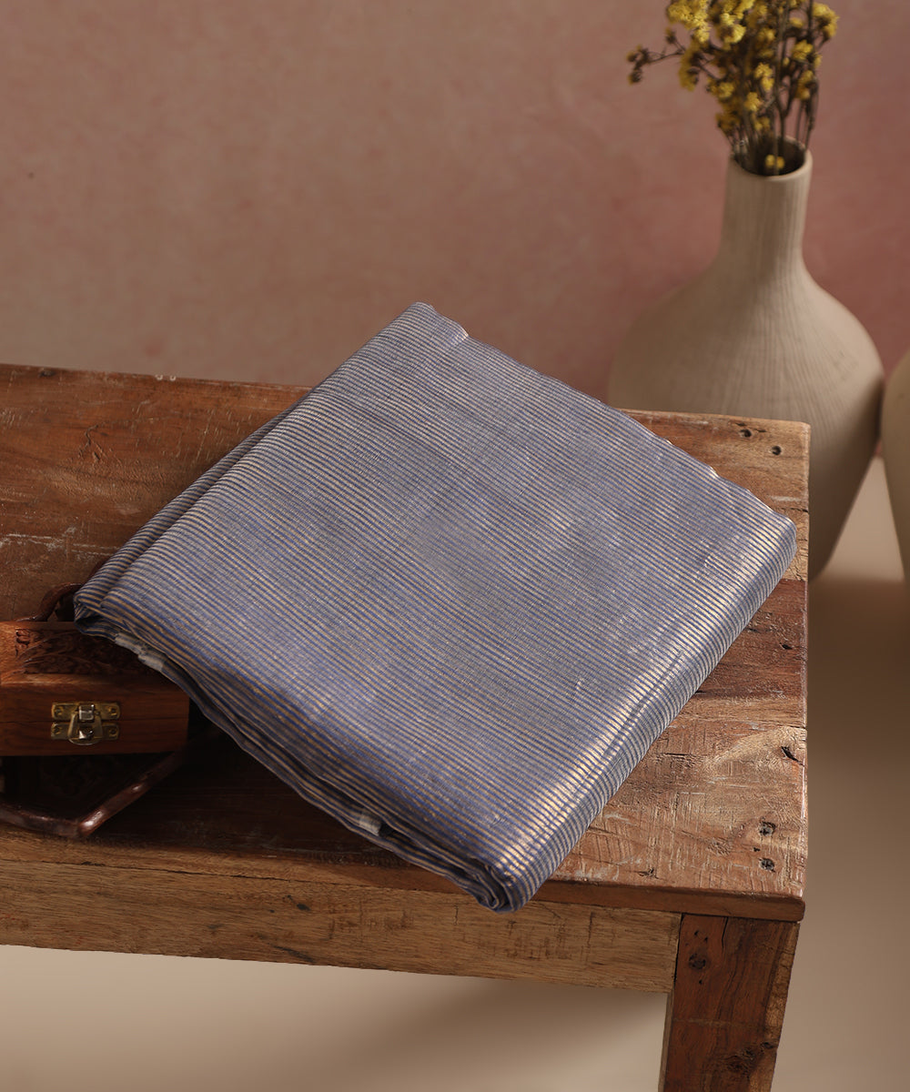 Blue Handloom Tissue Chanderi Gold Striped Fabric
