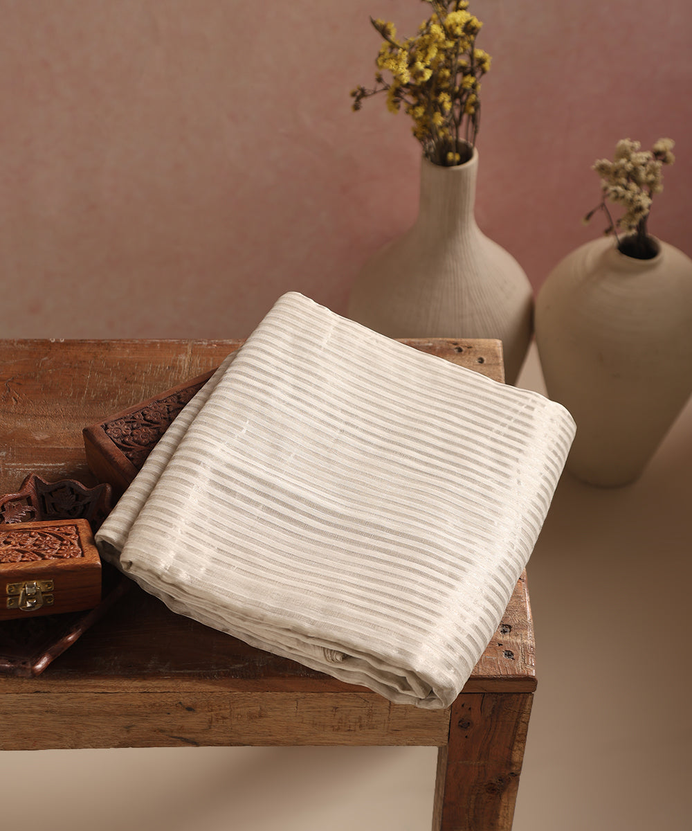 White Handloom Tissue Striped Silver Fabric