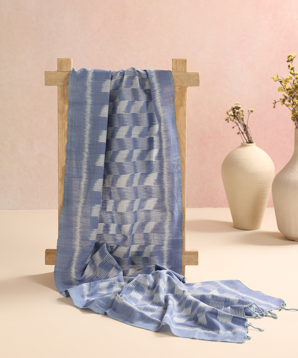 Indigo Handloom Cotton Chequerboard Motif Ikat Stole With Tassels
