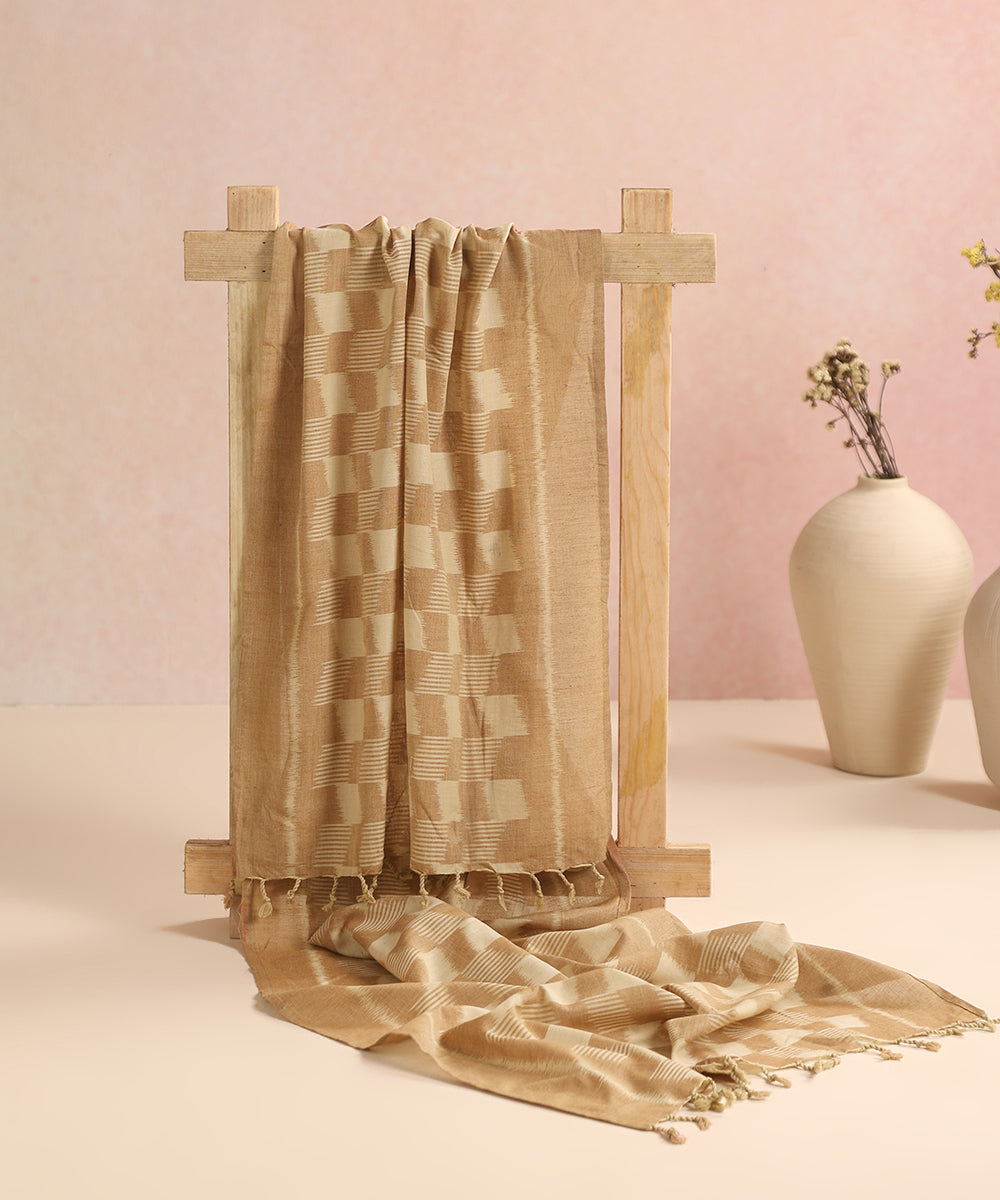 Beige Handloom Cotton Chequerboard Motif Ikat Stole