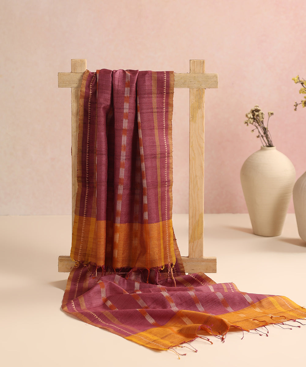 Purple Handloom Cotton Ikat Stole With Orange Ikat Stripes