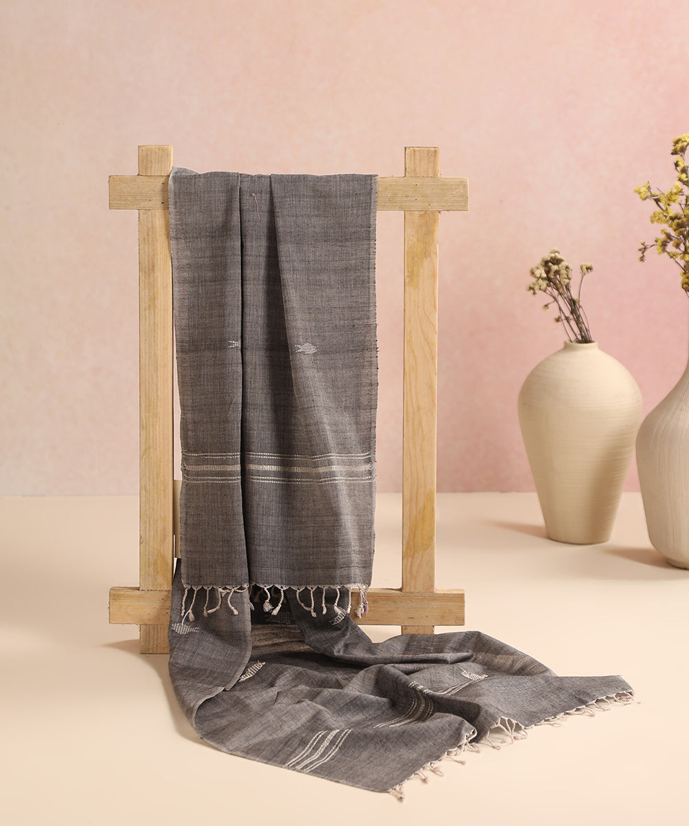 Grey Handloom Cotton Fish Motif Ikat Stole