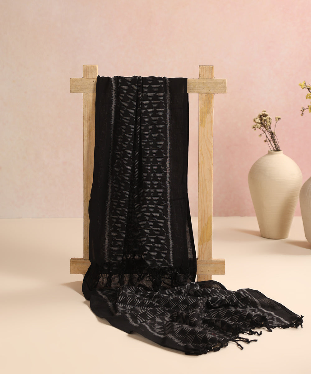 Black Handloom Cotton Pyramid Motif Ikat Stole