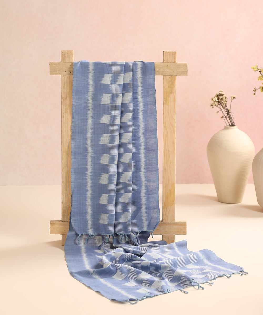 Indigo Handloom Cotton Chequerboard Motif Ikat Stole