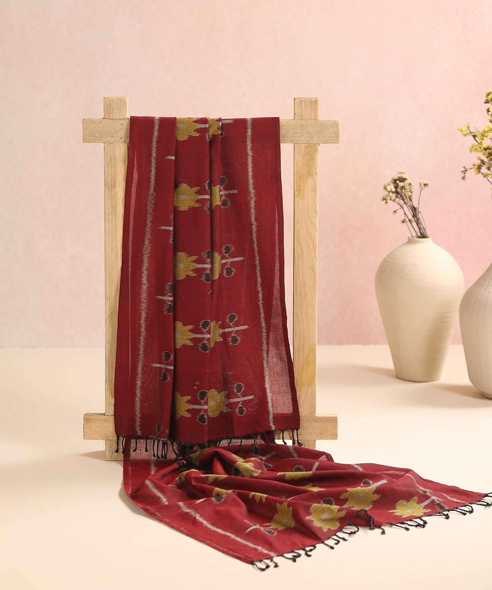 Maroon Handloom Cotton Floral Motif Ikat Stole