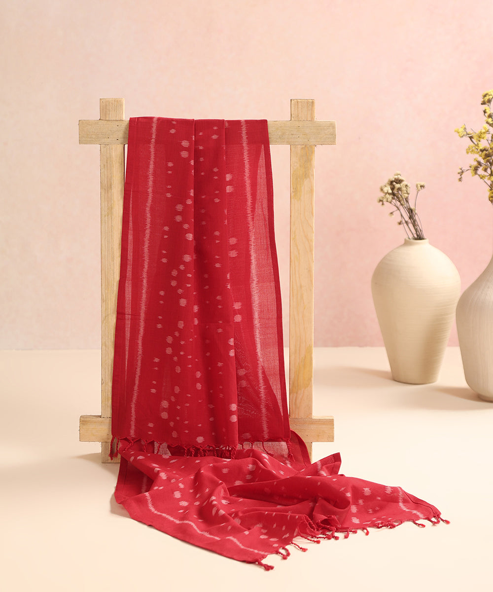 Red Handloom Cotton Ikat Stole With Bootas