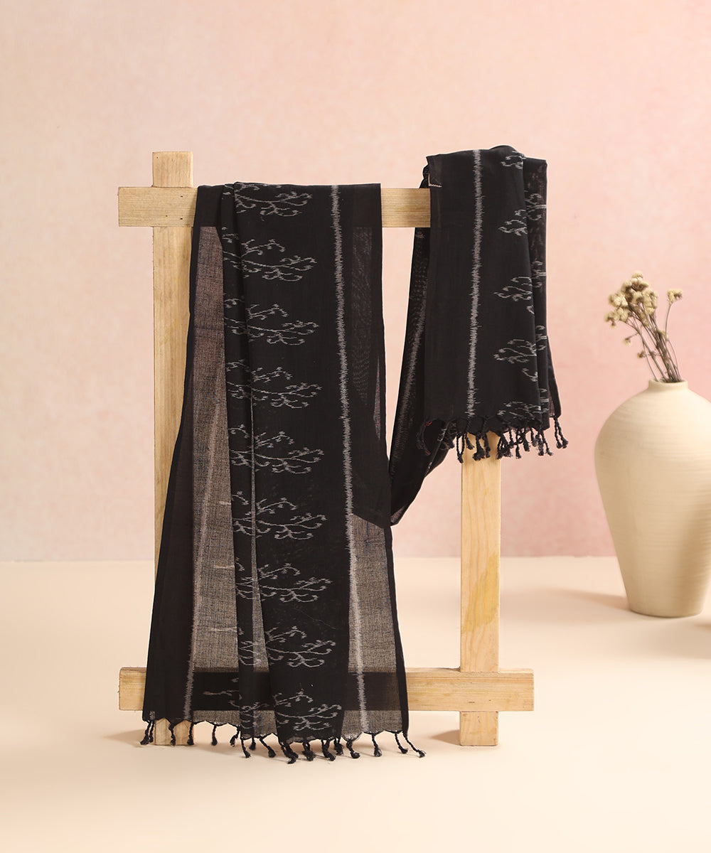 Black Handloom Cotton Creeper Motif Ikat Stole