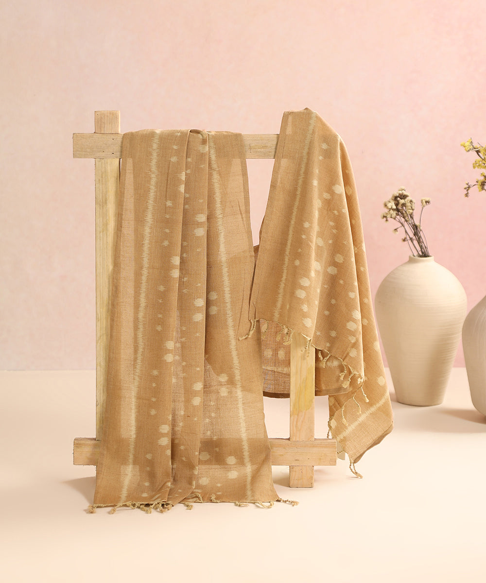 Beige Handloom Cotton Ikat Stole With Bootas