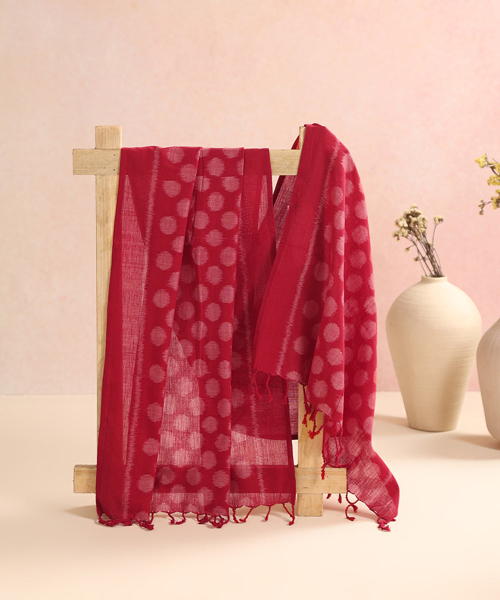Red Handloom Cotton Polka Motif Ikat Stole