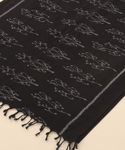 Black Handloom Cotton Creeper Motif Ikat Stole