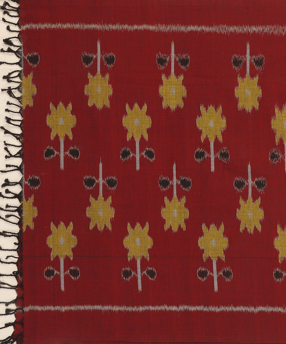 Maroon Handloom Cotton Floral Motif Ikat Stole