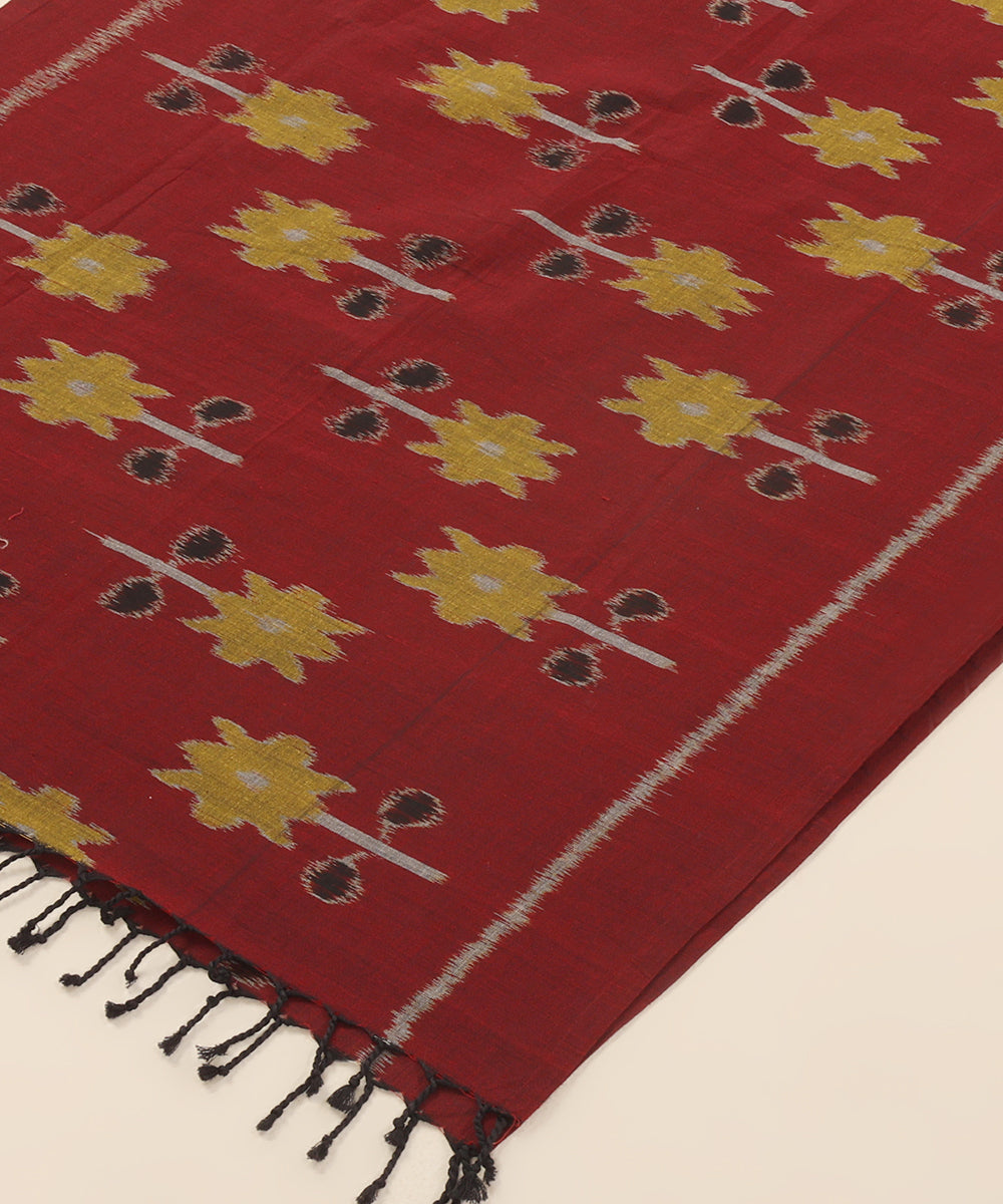 Maroon Handloom Cotton Floral Motif Ikat Stole