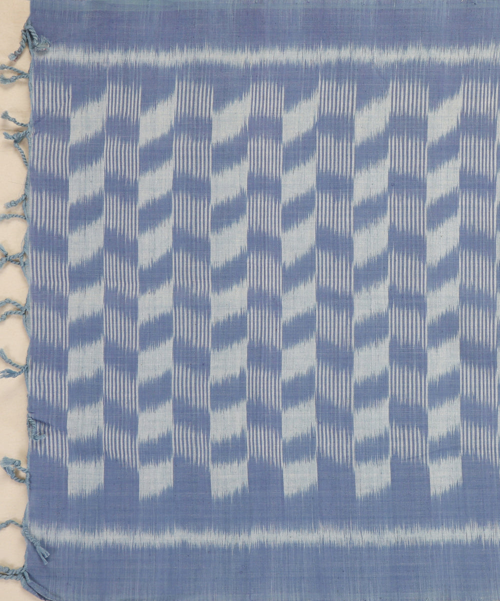 Indigo Handloom Cotton Chequerboard Motif Ikat Stole With Tassels