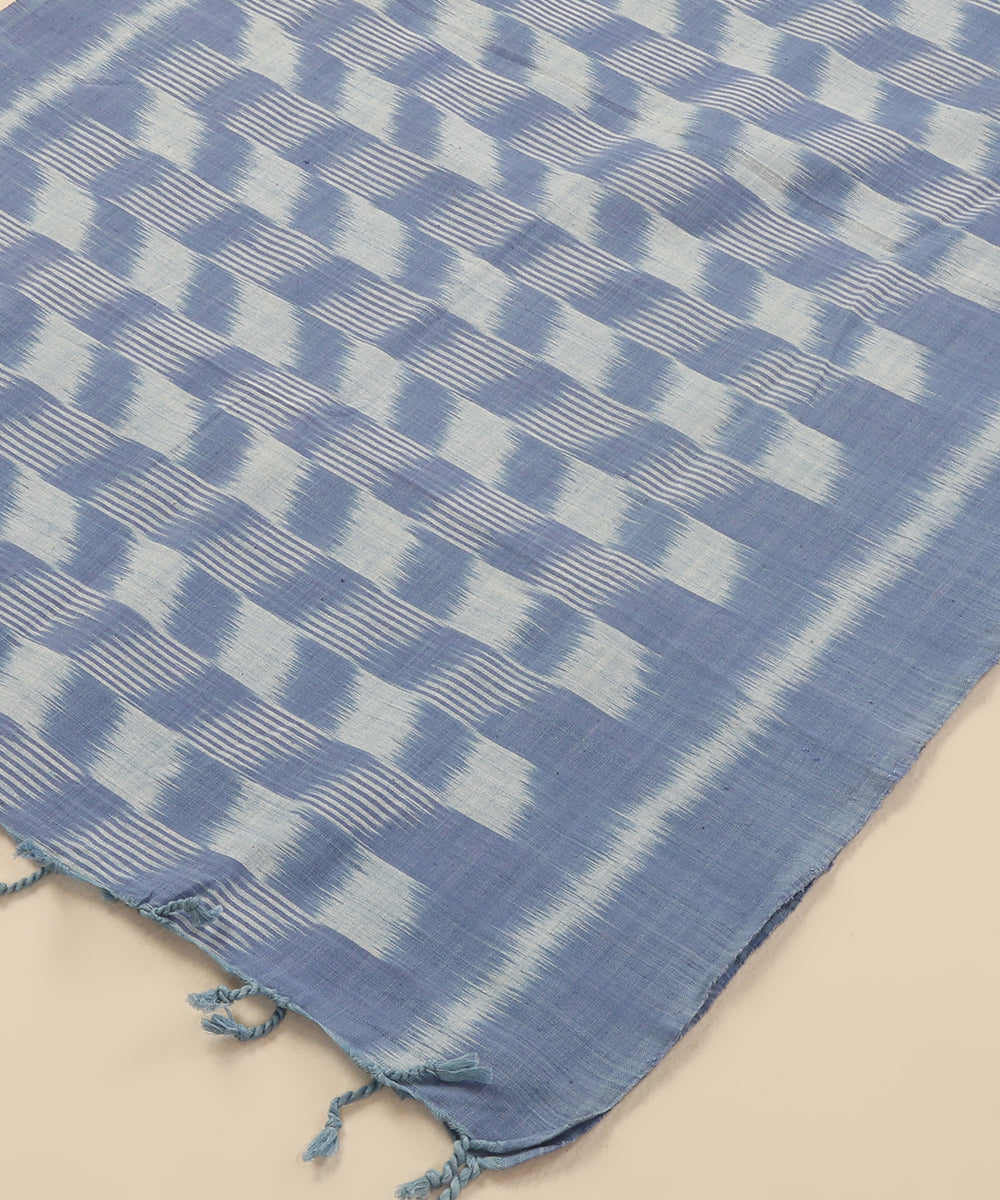 Indigo Handloom Cotton Chequerboard Motif Ikat Stole With Tassels