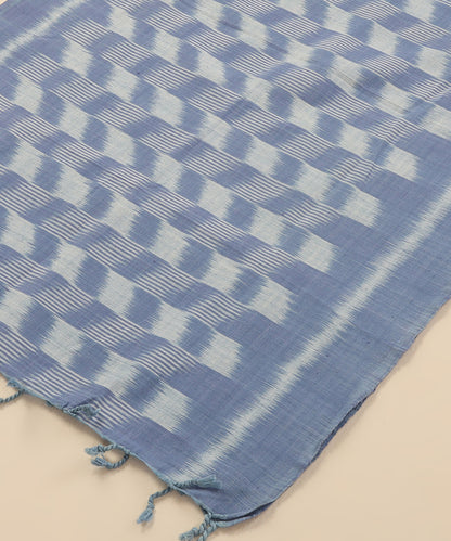 Indigo Handloom Cotton Chequerboard Motif Ikat Stole With Tassels