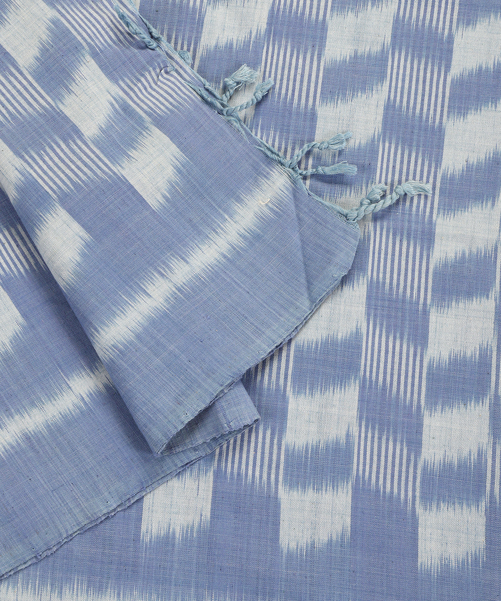 Indigo Handloom Cotton Chequerboard Motif Ikat Stole With Tassels