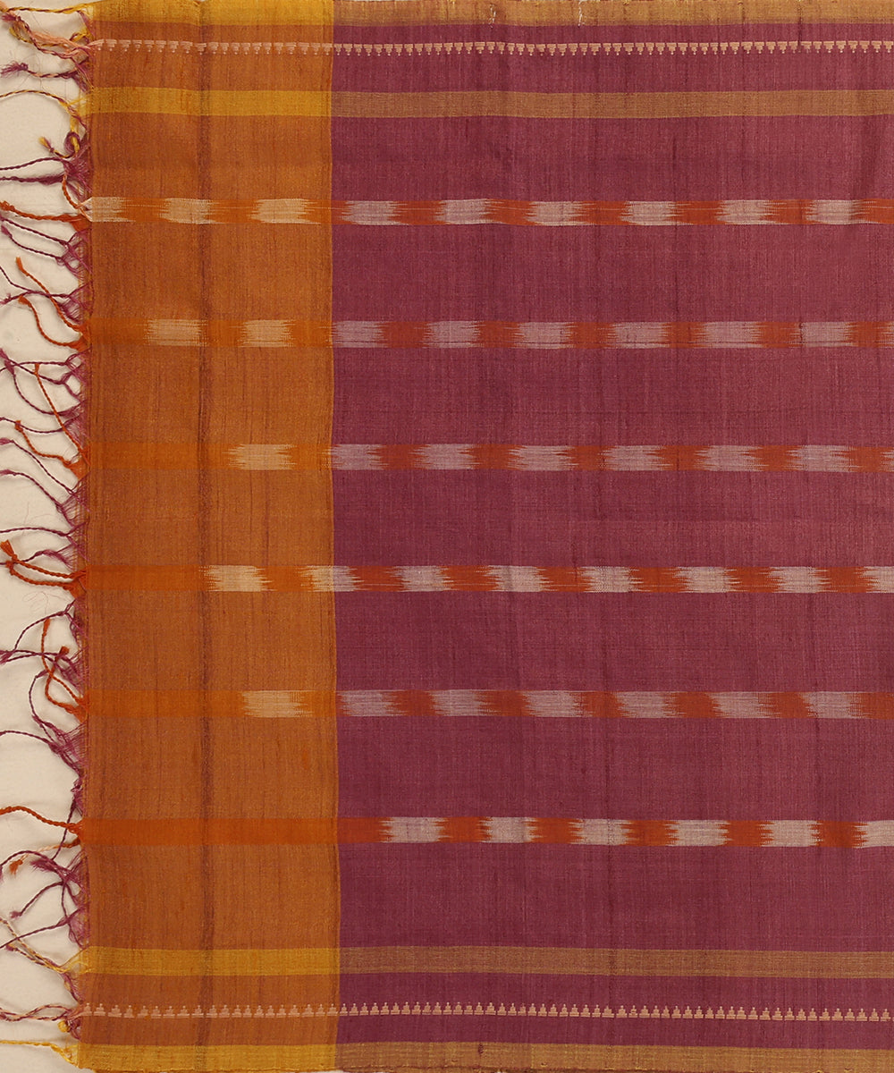 Purple Handloom Cotton Ikat Stole With Orange Ikat Stripes