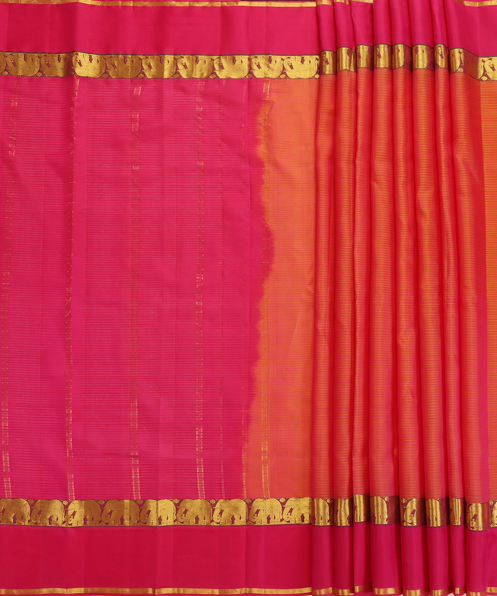 Orange and Pink Handloom Pure Silk Kanjivaram Saree With Pink And Gold Zari  Elephant Motifs Border