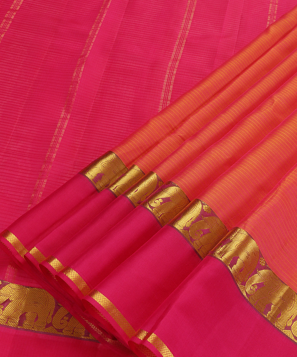 Orange and Pink Handloom Pure Silk Kanjivaram Saree With Pink And Gold Zari  Elephant Motifs Border