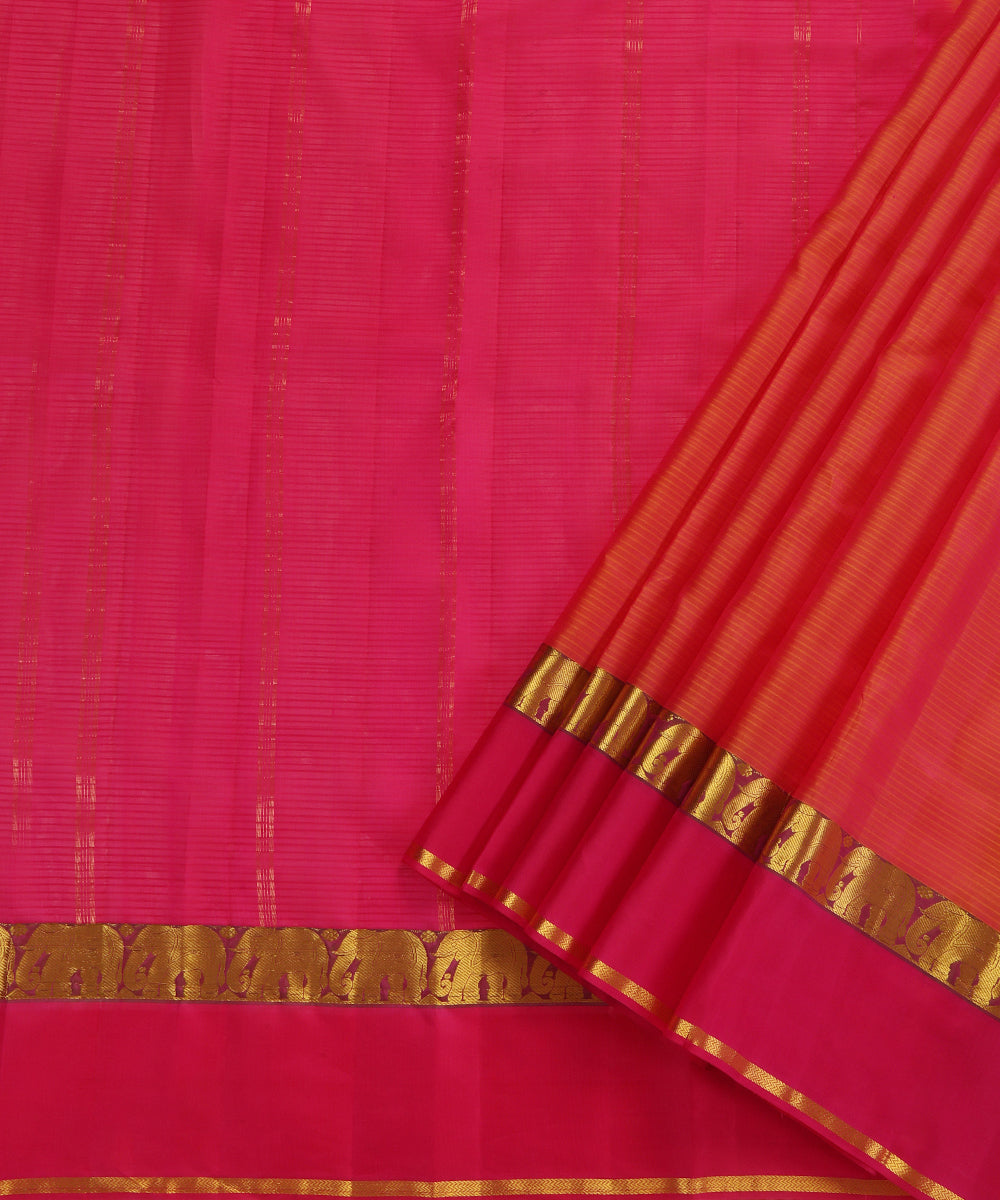 Orange and Pink Handloom Pure Silk Kanjivaram Saree With Pink And Gold Zari  Elephant Motifs Border