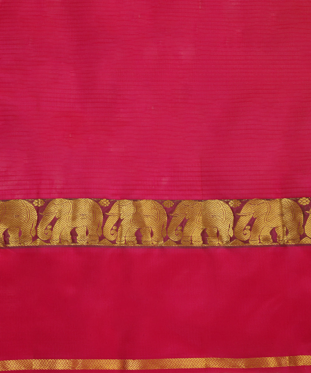 Orange and Pink Handloom Pure Silk Kanjivaram Saree With Pink And Gold Zari  Elephant Motifs Border
