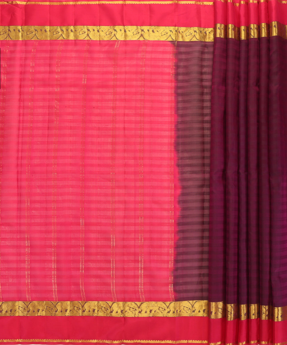 Wine Handloom Pure Silk Kanjivaram Saree With Magenta And Gold Zari Border