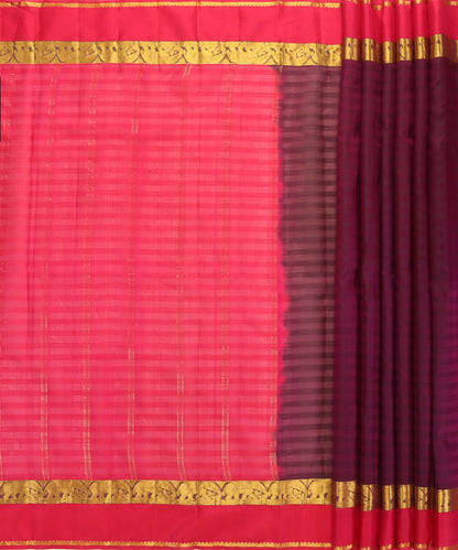 Wine Handloom Pure Silk Kanjivaram Saree With Magenta And Gold Zari Border