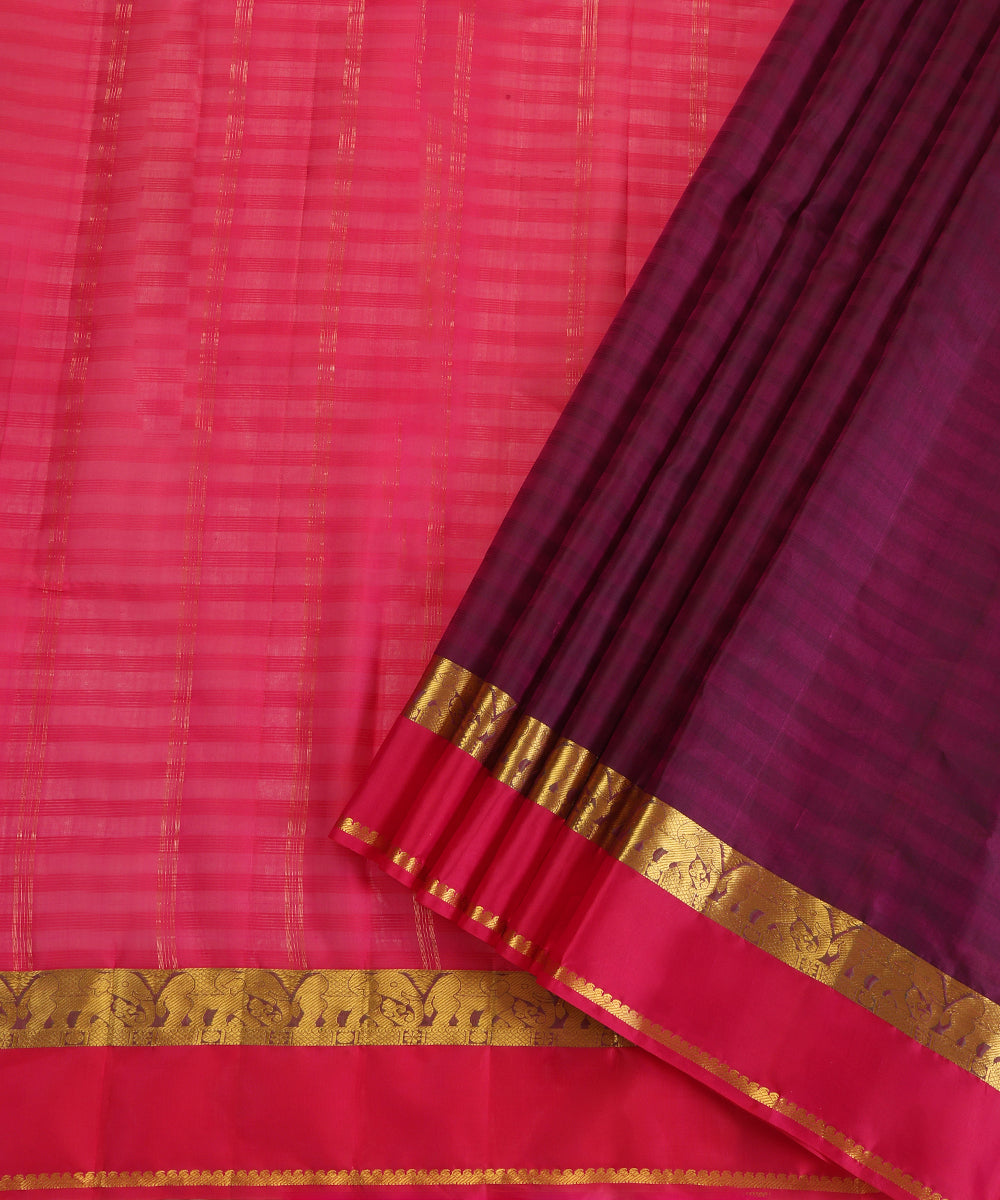 Wine Handloom Pure Silk Kanjivaram Saree With Magenta And Gold Zari Border