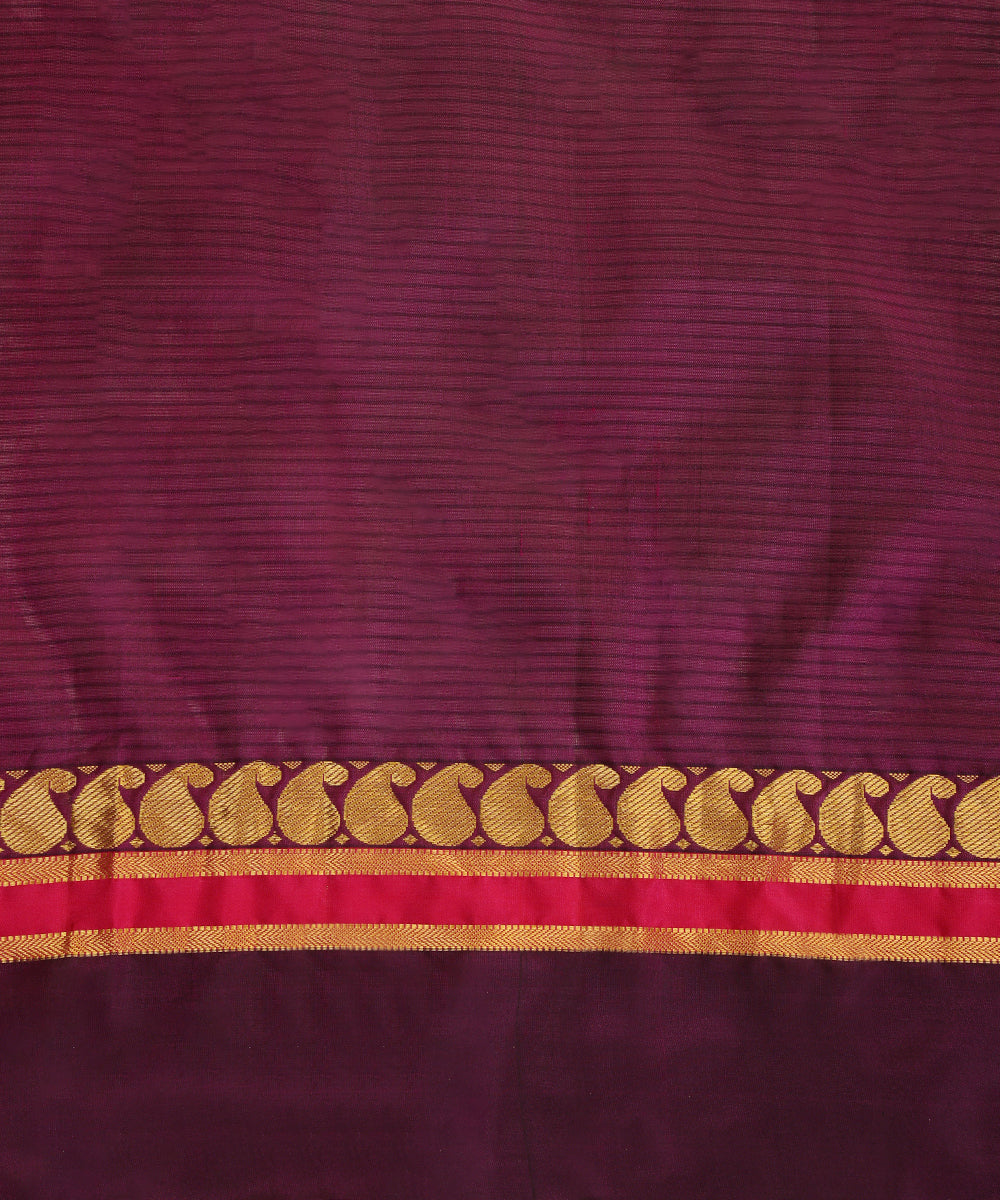 Blue And Purple Dual Tone Handloom Pure Silk Kanjivaram Saree With Wine And Gold Zari Border And Ambi Motifs