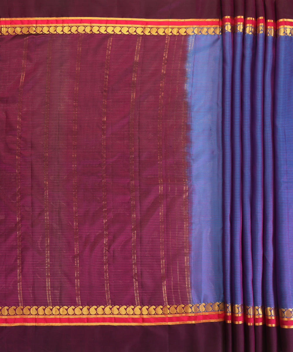 Blue And Purple Dual Tone Handloom Pure Silk Kanjivaram Saree With Wine And Gold Zari Border And Ambi Motifs