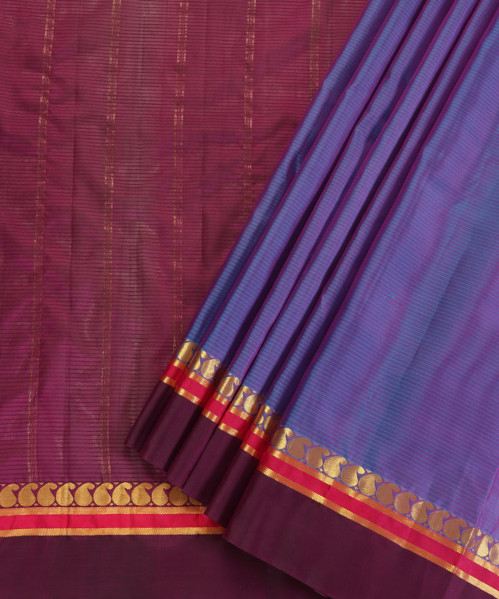Blue And Purple Dual Tone Handloom Pure Silk Kanjivaram Saree With Wine And Gold Zari Border And Ambi Motifs
