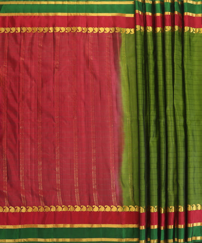 Parrot Green Handloom Pure Silk Kanjivaram Saree With Magenta And Gold Zari Border