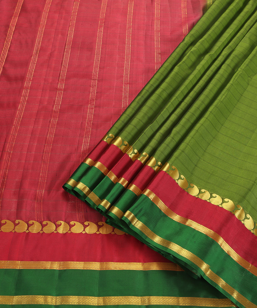 Parrot Green Handloom Pure Silk Kanjivaram Saree With Magenta And Gold Zari Border