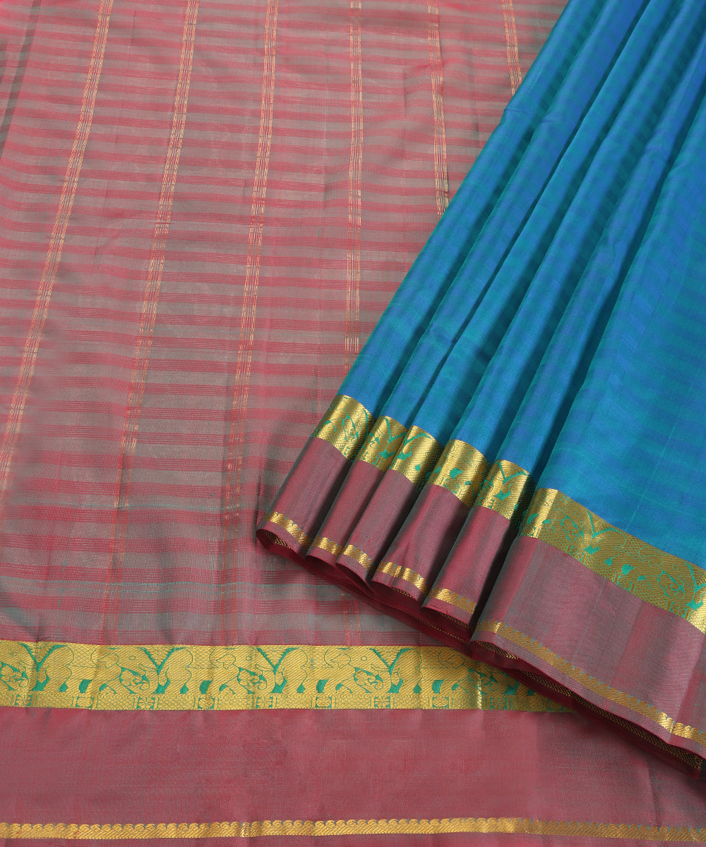 Pecock Blue Handloom Pure Silk Kanjivaram Saree With Wine And Gold Zari Border And Elephant Motifs