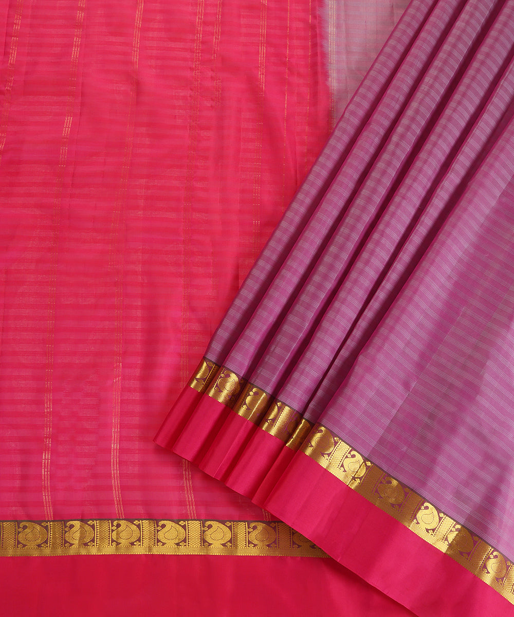 Mauve Handloom Pure Silk Kanjivaram Saree With Pink Border with Paisleys