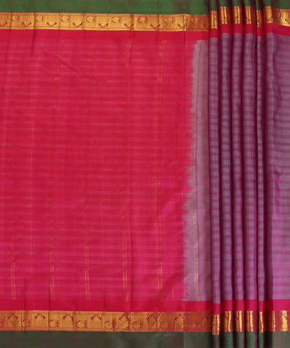 Mauve Handloom Pure Silk Kanjivaram Saree With Pink Zari And Green Border