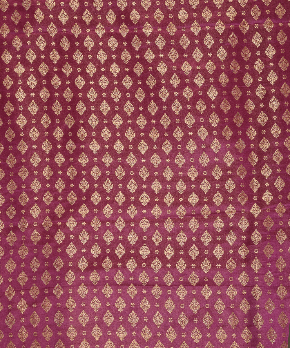 Maroon Handloom Pure Satin Brocade With Small Mughal Motifs Woven In Zari