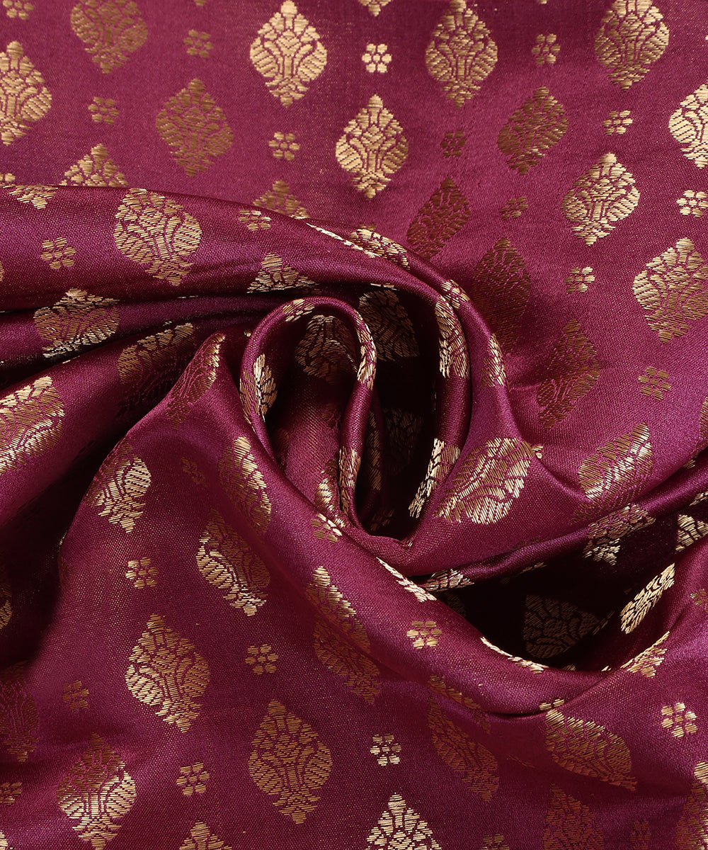 Maroon Handloom Pure Satin Brocade With Small Mughal Motifs Woven In Zari