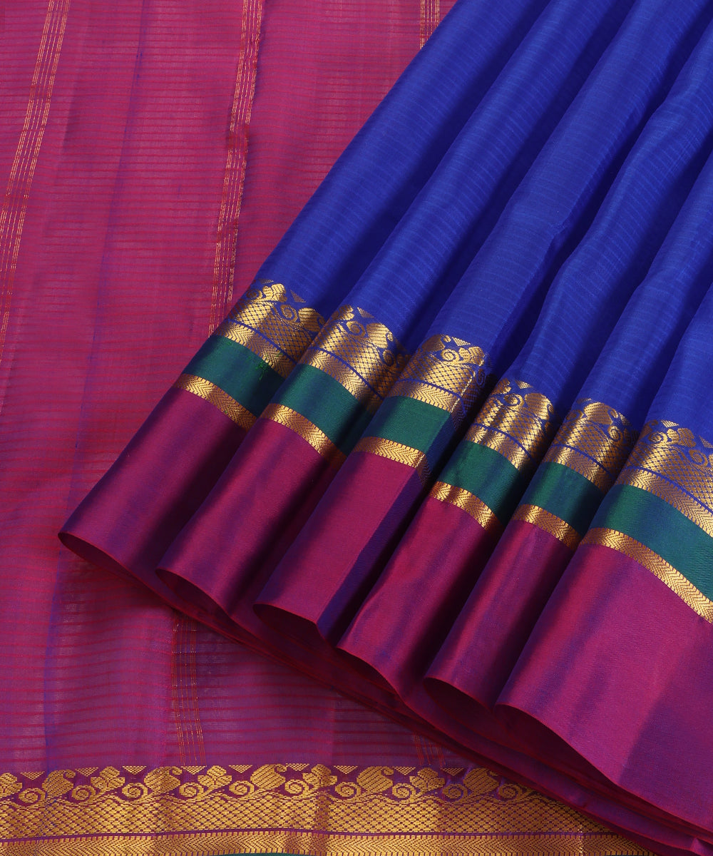 Electric Blue Handloom Pure Silk Kanjivaram Saree With Magenta And Gold Zari Border
