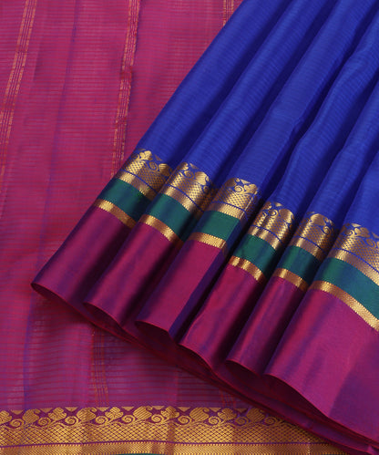 Electric Blue Handloom Pure Silk Kanjivaram Saree With Magenta And Gold Zari Border