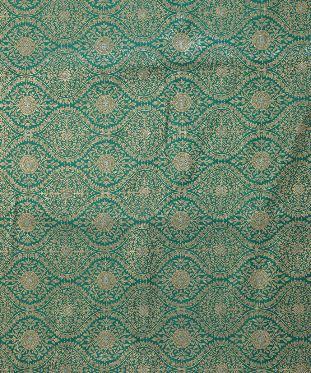 Teal Handloom Pure Katan Silk Banarasi Kimkhab Fabric With Floral Jaal