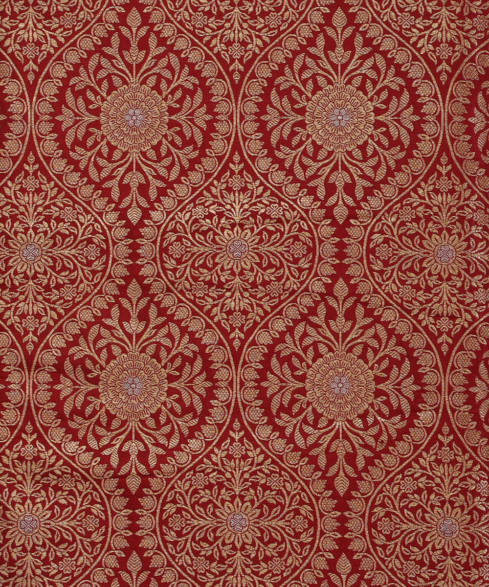 Maroon Handloom Pure Katan Silk Banarasi Kimkhab Fabric With Floral Jaal